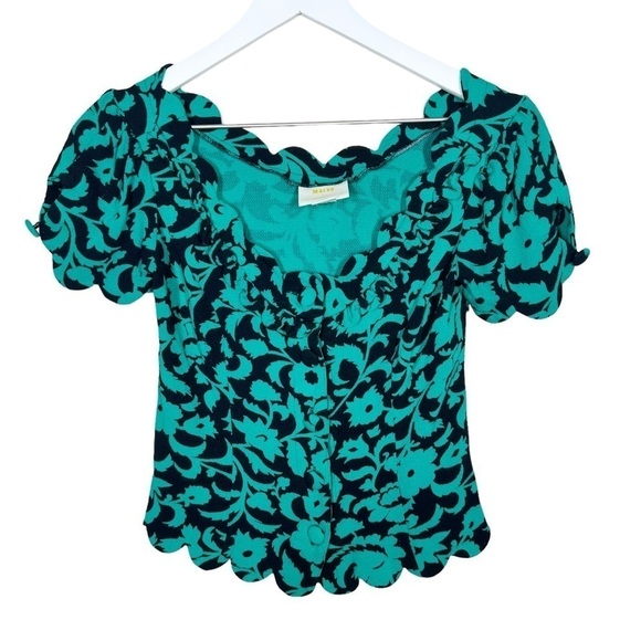 Maeve by Anthropologie Aseey Scalloped Green Black Floral Blouse Size 0 - Picture 3 of 9